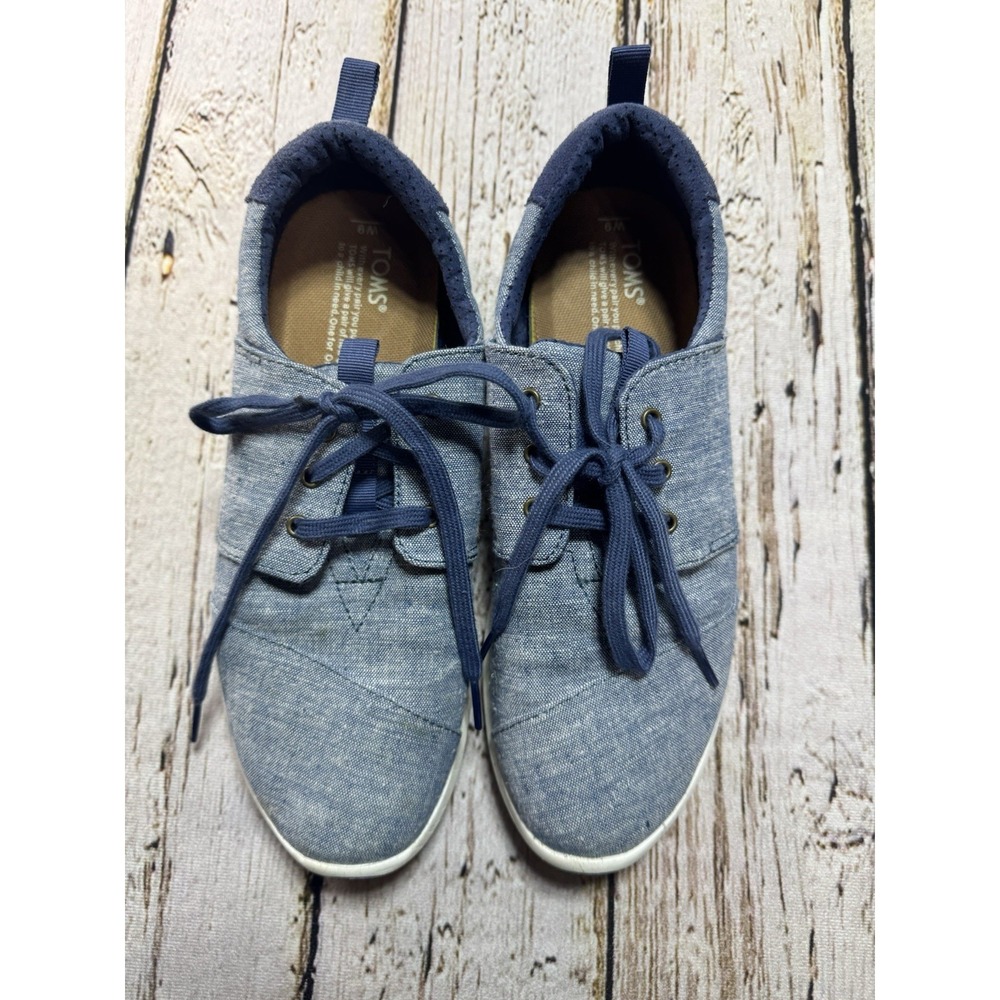 Toms Shoes Women's Size 9 Del‎ Rey Lace Up Flat Walking Sneakers Blue Denim